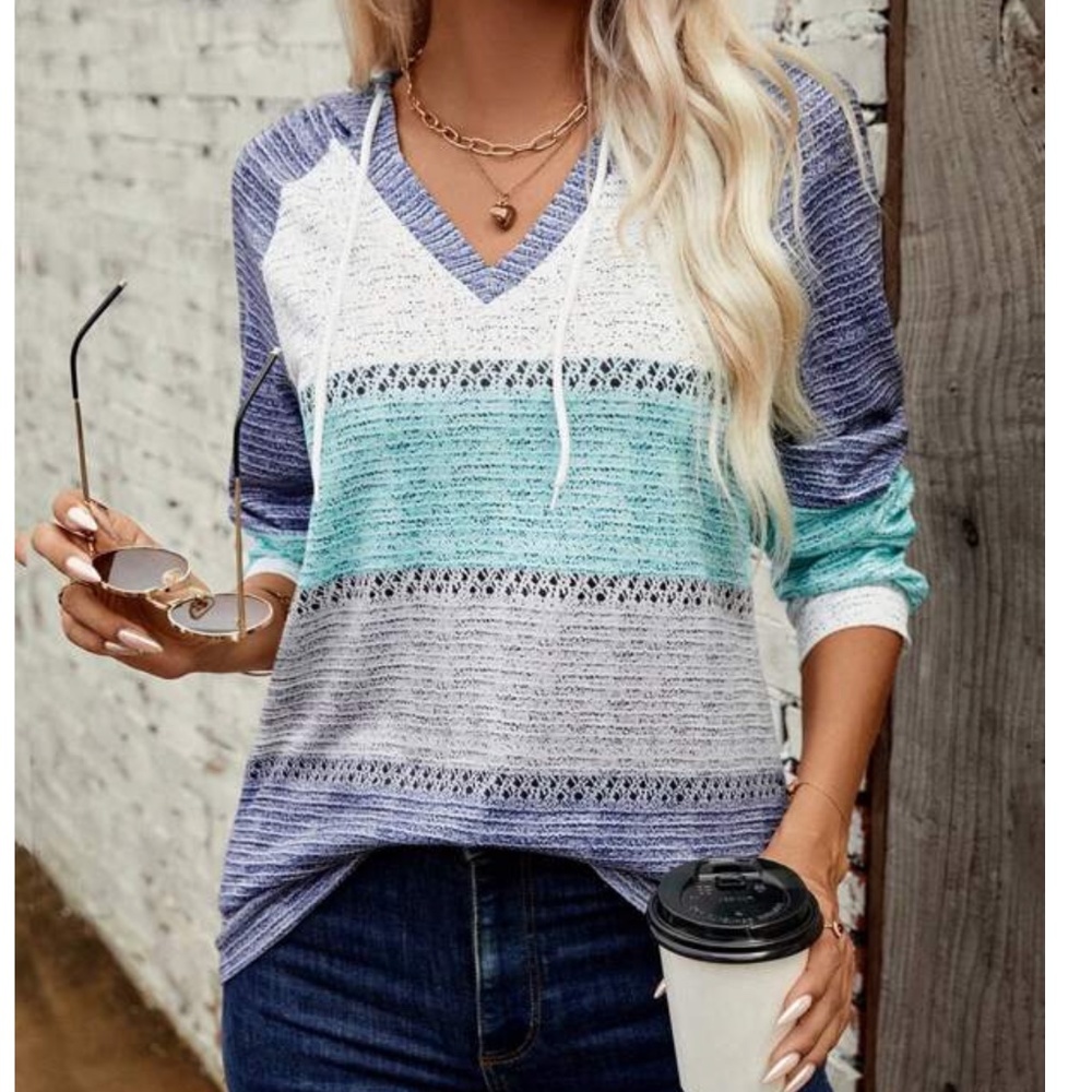 010 Colorful Color Block V neck Loose Fit Hoodie Top